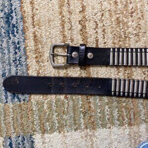 VTG Fallen Black Distressed Leather Bullet Belt Grunge SIlver Conchos Mens Small